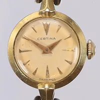 Damur Certina 18K Ø13mm, boett nr. 153041/18618 cal. 12-10, ca 1960-tal, patinerad urtavla med slitage, länk i delvis guldfärgat stål, längd 16,5cm, bruttovikt 13,6g