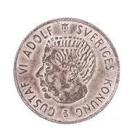 Mynt 2 Kronor, Gustaf VI Adolf, 1956, Ø31mm, bruksslitage, 400/1000 silver.  Vikt: 14 g