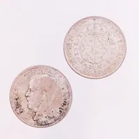 Två mynt, 2 Kronor, Gustaf V, 1938 respektive 1940, Ø31mm, slitage, 800/1000 silver. Vikt: 30 g