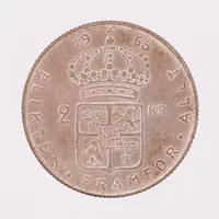 Mynt 2 Kronor, Gustaf VI Adolf, 1966, Ø31mm, bruksslitage, 400/1000 silver.  Vikt: 14,1 g