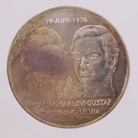Minnesmynt, Ø36mm, Det Kungliga bröllopet, Konung Carl XVI Gustaf Drottning Silvia -19 Juni 1976, nominellt värde 50kr, 925/1000 silver Vikt: 26,9 g