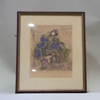 Tavla, färgträsnitt, Maja Fjaestad (1873-1961), Rosor och blåklocka, ex36, bildstorlek 21x16cm, gulnad Vikt: 0 g Skickas med postpaket.