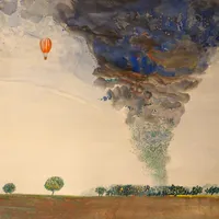 Tavla - Sven Bunnel (1929-2004), akvarell, stort format, "Tromb över den skånska slätten med luftballong", signerad, utförd på tidigt 1970-tal, bildmått 43 x 57 cm, yttre rammått 68 x 83 cm, passepartout, glasad, samtida träram, skick utan anmärkning, skickas ej enbart avhämtning på kontoret i Kristianstad