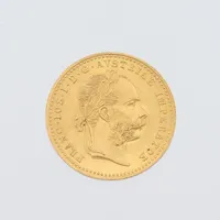 Guldmynt Österrikisk dukat 1915, diameter 20 mm, 22 k. Vikt: 3,4 g