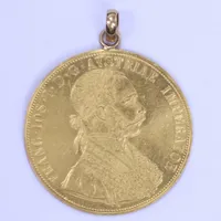 Hänge, Mynt Frans IOS I.D.G. Avstriae Imperator, 50mm med ögla, ögla ej i guld, 23K bruttovikt 14,5 g Vikt: 14,5 g