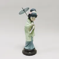 Figurin geisha "flicka med paraply" Lladro, 28cm, smärre nagg på blommor, Spanien. Skickas med postpaket.