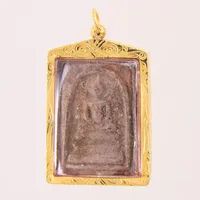 Hänge Buddha, 45x30mm, guldram stämplad 80%, plexiglas bucklig, 20K bruttovikt: 17,5g 