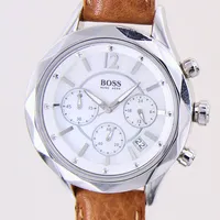 Armbandsur Hugo Boss, quartz, stål, kronograf, datum, boett-nr: HB.46.3.14.2142 2.473.244, Ø41mm, kronograf återställer ej korrekt, läderband.  Vikt: 0 g