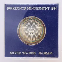Minnesmynt Sverige 100 Kr 1984, "Förtroende Säkerhet Nedrustning - Europa", i etui, 925/1000  Vikt: 16 g