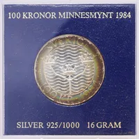 Minnesmynt Sverige 100 Kr 1984, "Förtroende Säkerhet Nedrustning - Europa", i etui, 925/1000  Vikt: 16 g