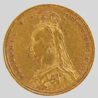 Mynt, 1 Engelsk sovereign med Drottning Victoria, baksidan med S.t Göran och draken, gravör Benedetto Pistrucci, präglad år 1890, Ø23mm, 22K  Vikt: 7,9 g