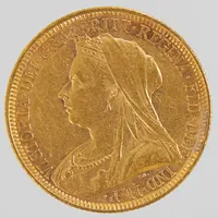 Mynt, 1 Engelsk sovereign med Drottning Victoria, baksidan med S.t Göran och draken, gravör Benedetto Pistrucci, präglad år 1894, Ø23mm, 22K  Vikt: 7,9 g