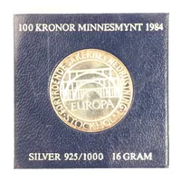 Mynt 100kr minnesmynt 1984, förtroende, säkerhet, nedrustning, Europa, etui, 925/1000 silver  Vikt: 15,9 g