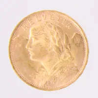 Mynt, Helvetia, 20 Franc, år 1935, plastficka, 21,6K Vikt: 6,4 g