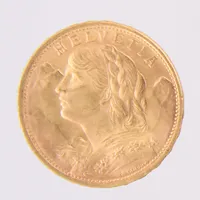 Mynt, Helvetia, 20 Franc, år 1949, plastficka, 21,6K Vikt: 6,4 g