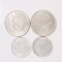 Mynt 4st, olika valörer och årtal, Sverige, silver 400/1000 Vikt: 41,8 g