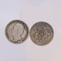 2 Mynt, Oscar II, 1 kr, 1898 och 1903, Ø25mm, slitage, silver 600/1000 Vikt: 14,5 g