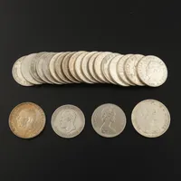 Mynt 18 st 2 kronor Sverige, 5 krona Sverige, Mynt Canada 2 st, 2 krona Norge, silver. Vikt: 335 g