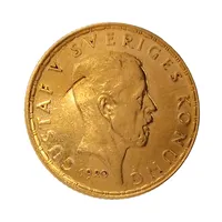 Guldmynt Sverige, 5 Kronor Gustaf V 1920, (21,6K guld), Ø16 mm, mindre rispa vid porträtt Vikt: 2,2 g