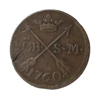 Kopparmynt, Sverige, Adolf Fredrik 2 Öre S.M. 1760, Ø34,5 mm, fin chokladbrun patina, cirkulerat ex.