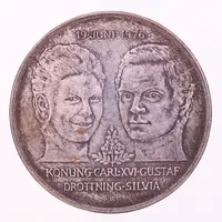 Jubileumsmynt, nominellt värde: 50kronor, 19 Juni 1976, Konung Carl XVI Gustaf, Drottning Silvia, Ø 36mm, silver Vikt: 27,1 g