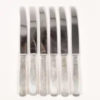 Sex bordsknivar, modell Rosenholm, längd 19,5cm, GAB, Stockholm, slitage, silver och stålblad, bruttovikt 245,1g Vikt: 0 g