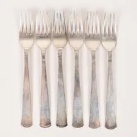 Sex bordsgafflar modell Rosenholm, längd 17,5cm, GAB, Stockholm, slitage, silver.  Vikt: 239,6 g
