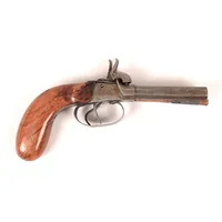 Slaglåspistol, dubbelpigig, 1800-talets andra hälft, slitage, längd 21cm, senare laddstock samt senare hållare för laddstock, mekanism defekt. 