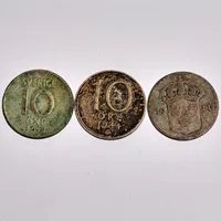 3st mynt, 10öre, år 1911, 1944, 1958, vikt 4,26g.