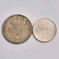 2st mynt i silver, 1st 2krona, år 1955, 1st 1krona, år 1967, vikt 20,97g.