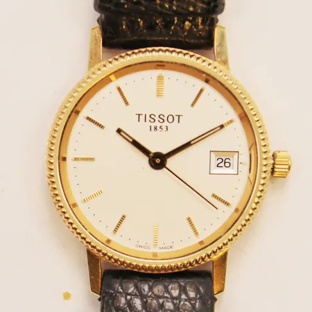 Damur Tissot 18K, 24mm, quartz, gravyr, läderband original, batteribyte krävs. Vikt: 0 g