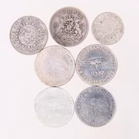 Sju mynt, diverse valörer, 800-830/1000 silver.  Vikt: 109,1 g