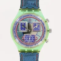 Klocka, Swatch Chrono, länk i blått läder, nr 417, Ø38mm, quartz, länk 16-20,5cm, i etui