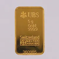 Guldtacka á 5g, UBS Switzerland #360985, 999/1000 guld, 24K