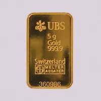 Guldtacka á 5g, UBS Switzerland #360986, 999/1000 guld, 24K