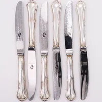 6 Bordsknivar, modell finsk Chippendale, 21,5cm, stålblad, finska stämplar år 1991, 813/1000 silver Vikt: 333,7 g