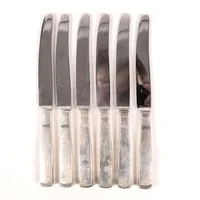 Sex matknivar, modell Rosenholm, längd 22,5cm, GAB, Stockholm, slitage, silver och stålblad, bruttovikt 398,9g Vikt: 0 g