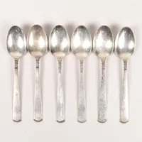 Sex bordsskedar modell Rosenholm, längd 18cm, GAB, Stockholm, slitage, silver. Vikt: 261,4 g