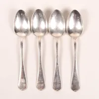 Fyra matskedar, modell Svensk rund, GAB, Stockholm, längd 18cm, slitage, silver.  Vikt: 164,7 g