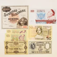 Diverse äldre sedlar, olika valörer.