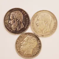 3 Mynt, Leopold II, 37mm, 5 Franc, 900/1000 Silver 74,4g.