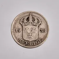 1st Mynt i silver, 25öre, år 1938, vikt 2,36g.