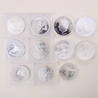 Diverse olympiska mynt, olika valörer, år och länder, vissa plastetuier defekta, silver, 925/1000: 270,3g, 900/1000: 26,9g