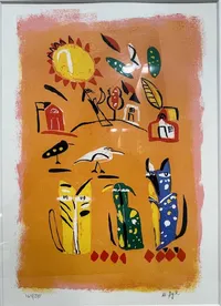 Tavla färglitografi, Madeleine Pyk, komposition med katter, signerad, numrerad 164/275, bildmått 31x21cm, förgylld träram 49x38cm, smärre stötmärken på ram Skickas med postpaket.