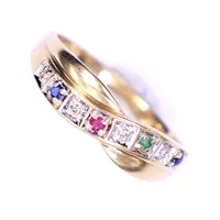 Ring med safir, rubin, smaragd och diamanter, stl 18, bredd 1,5-5,5mm, GHA, 18K  Vikt: 3 g