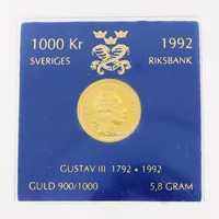 Mynt, Gustav III 1792-1992 Sverige 1000 Kr, Ø21mm, etui, 21,6K.  Vikt: 5,8 g