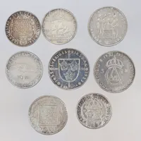 Mynt 8st 2kr, 5 kr och 10 kr 1921-1972, silver 400-900/1000  Vikt: 146,7 g