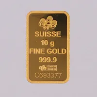 Guldtacka PAMP Suisse, 26,5x15,9mm, serienr C693377, fine gold 999,9, bruten plombering, 24K  Vikt: 10 g