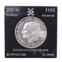 Minnesmynt Kung Carl XVI Gustaf, Sveriges Riksbank, ca Ø36mm, 200kr 1995, plastetui, 925/1000 silver Vikt: 27 g