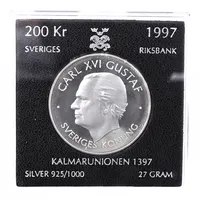 Minnesmynt Kung Carl XVI Gustaf, Sveriges Riksbank, ca Ø36mm, 200kr 1997, plastetui, 925/1000 silver Vikt: 27 g